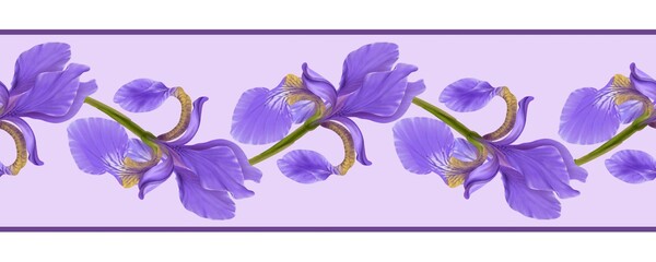Seamless border, pattern. Lilac iris flowers on a light purple background