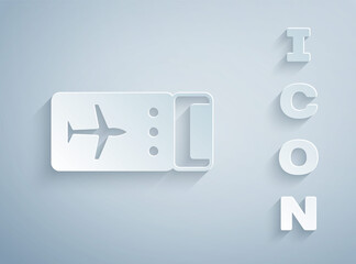 Paper cut Airline ticket icon isolated on grey background. Plane ticket. Paper art style. Vector