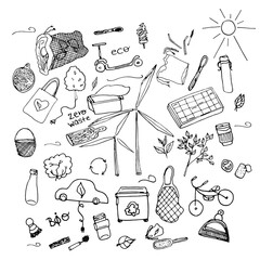 Doodle set eco.Eco theme.Hand drawn doodle set. © Makarova Art