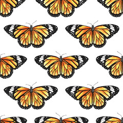 Obraz na płótnie Canvas Monarch Butterfly Directional Watercolor Seamless Pattern