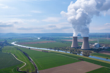 View of drone of nuclear power plant and river