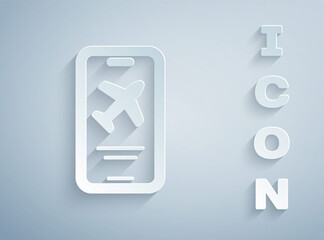 Paper cut Smartphone with electronic boarding pass airline ticket icon isolated on grey background. Passenger plane mobile ticket for web and app. Paper art style. Vector