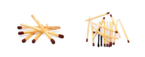  Laid used matchsticks isolated on white background