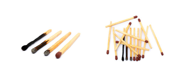 Laid used matchsticks isolated on white background