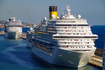 Costa cruiseship Firenze and other cruise ship liners in port of Civitavecchia, Rome in Italy on...