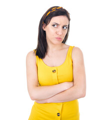 Young woman with purses lips being questioned while thinking. Girl looking up and need inspiration, isolated over white background