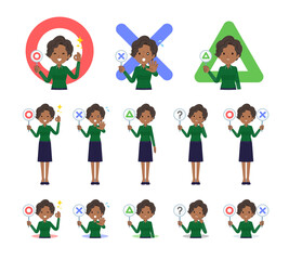 まるばつプレートを持った黒人ビジネス女性のセット