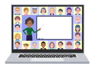 オンラインで授業を教えている黒人ビジネス女性のセット