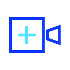 Two-color thin line video camera with plus sign vector icon illustration on a white background.  Royalty-free and fully editable.