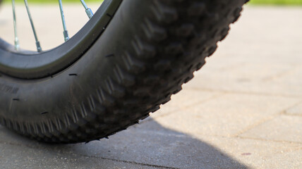 Mountain bike wheel and mud tire close.