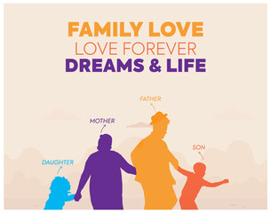 happy family. Father, mother, son and holding hands of each other. silhouette portrait of family with text family love, love forever, dreams and life. insurance concept, protect family. 