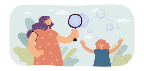 Mother and daughter inflating air bubbles. Woman and girl playing together, happy family time together. Child smiling. Family bounding concept for banner, website design or landing page
