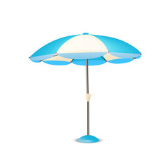 Vector 3d Realistic beach umbrella in blue, white striped with fringes.