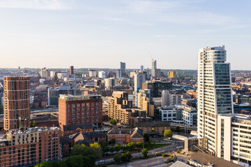 Fototapeta na wymiar Aerial view of Leeds city skyline at sunset
