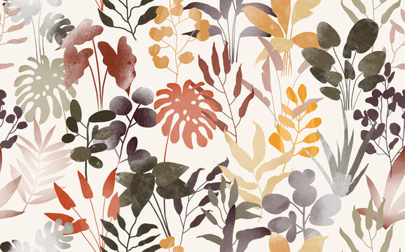 Seamless pattern with different tropical leaves. Trendy floral illustration	

