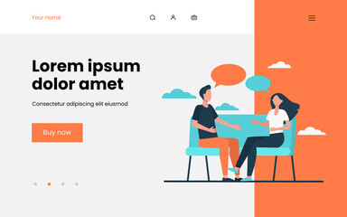 Young couple arguing at home. Man and woman sitting on couch and talking flat vector illustration. Conflict, relationship, communication concept for banner, website design or landing web page