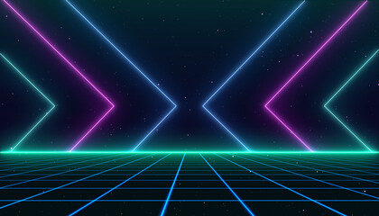 Retro Sci-Fi Background Futuristic Grid landscape of the 80s. Digital Cyber Surface. Suitable for design in the style of the 1980`s. 3D illustration