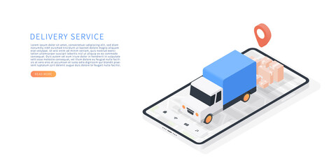 Delivery service on mobile application. Transportation delivery by truck. Vector isometric with smartphone, delivery truck, map, parcels, map tracking. Vector illustration. - obrazy, fototapety, plakaty