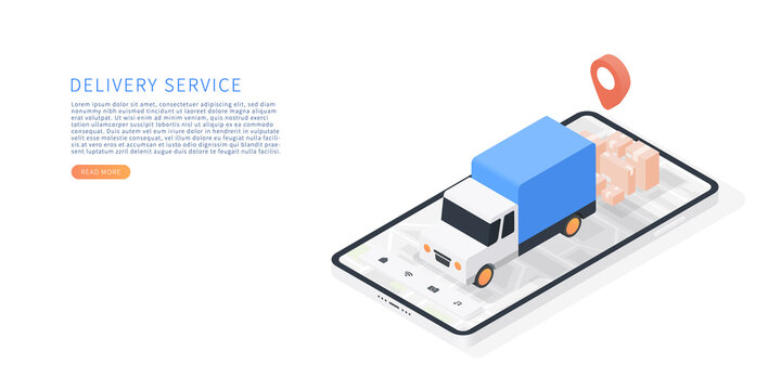 Delivery service on mobile application. Transportation delivery by truck. Vector isometric with smartphone, delivery truck, map, parcels, map tracking. Vector illustration.