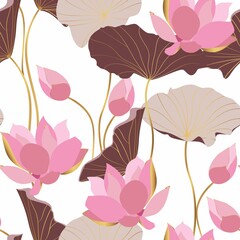 Beige, brown, pink abstract lotus flowers and leaves, simple line arts on white background. Wallpaper design for prints, banner, fabric, poster.
