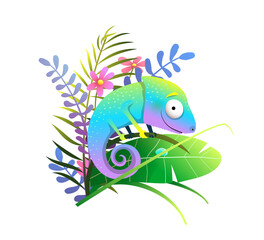 Cute colorful exotic chameleon in jungle with multicolor tropical forest leaves and flowers. Character design, cute smiling happy chameleon lizard for kids. Vector cartoon in watercolor style.