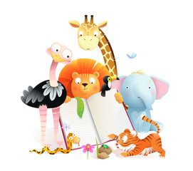 Montessori African animals class reading a book and studying. Giraffe tiger lion elephant and ostrich cute animals for children with empty notebook. Watercolor style vector clipart for children.