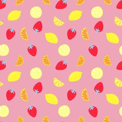 Lemons, orange slices and strawberries on colored background. Seamless food-themed design. Design for clothing fabric and other items. digital illustration.