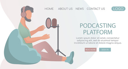 Vector landing page web template for blogging and vlogging. Young trendy  man with headphones sitting on lazy bag and recording podcast with microphone on tripod.