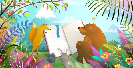 Animals education, bear fox rabbit and hedgehog reading a big book in the forest landscape. Animals montessori school in nature, studying a book friends. Watercolor style vector cartoon for children.