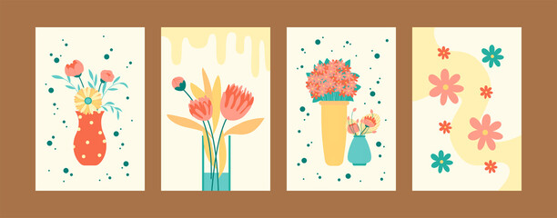 Fototapeta na wymiar Herbal illustration set in pastel colors. Bright flowers in vases and pots. Postcard invitation design. Flowers and bouquet concept for banners, website design or backgrounds