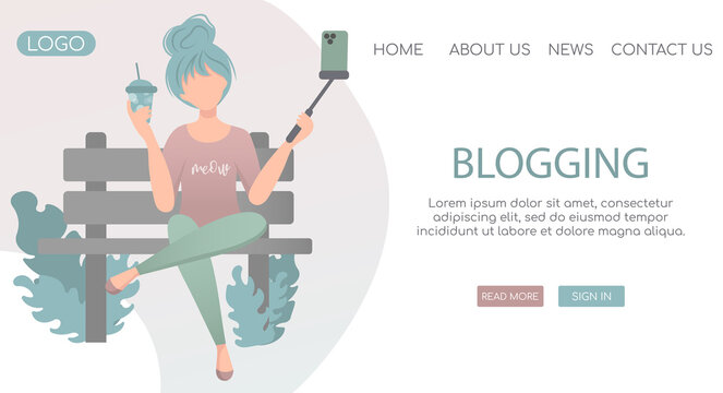 Vector landing page web template for blogging and vlogging. Young trendy  girl sitting on branch in park  and making photo or video content for her blog or vlog channel.