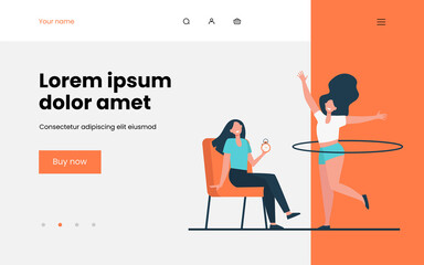 Woman helping female friend with hula hoop to train body. Stopwatch, timer, trainer flat vector illustration. Fitness, activity, exercise concept for banner, website design or landing web page
