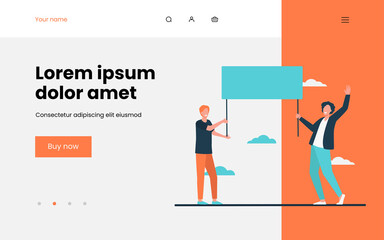 Two guys holding empty banner and smiling. Protest, opinion, picket flat vector illustration. Demonstration and social action concept for banner, website design or landing web page