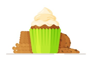 Vector illustration of a beautiful cupcake with a white cap on a white background.  Set of muffins in very bright rainbow colors with layered curdled fruit creams. 