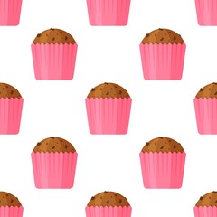 Vector illustration of the pattern of cupcakes in pink cups. The St. Patrick's Day pattern consists of many identical muffins on a white background.
