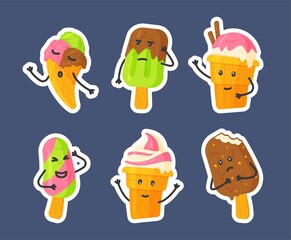 Set of colorful ice cream characters. Cute and funny ice cream characters, cones, ice cream with smiling human faces, cartoon vector illustration, isolated on blue background. 