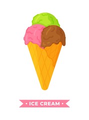 Vector illustration of ice cream isolated on a white background.  Delicious chocolate, strawberry, apple ice cream. 