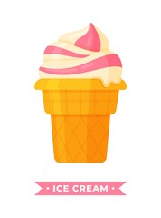 Vector illustration of delicious ice cream isolated on a white background. Illustration of a funny cartoon striped waffle cup with ice cream, with strawberry syrup.
