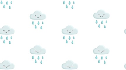 Rain seamless pattern on white background. Funny clouds