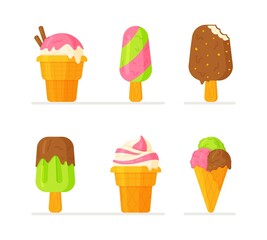 WebSet of ice cream stickers. Cute and funny ice cream characters, cones, ice cream with smiling human faces, cartoon vector illustration, isolated on white background. 