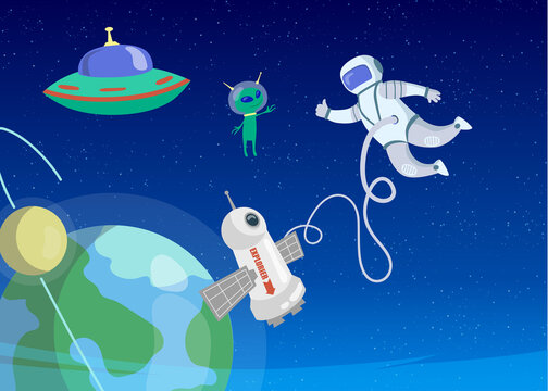 Astronaut greeting little alien in outer space. Cartoon vector illustration. UFO, green extraterrestrial, satellite, spaceman in space suit, Earth in blue background. Universe, travel, UFO concept