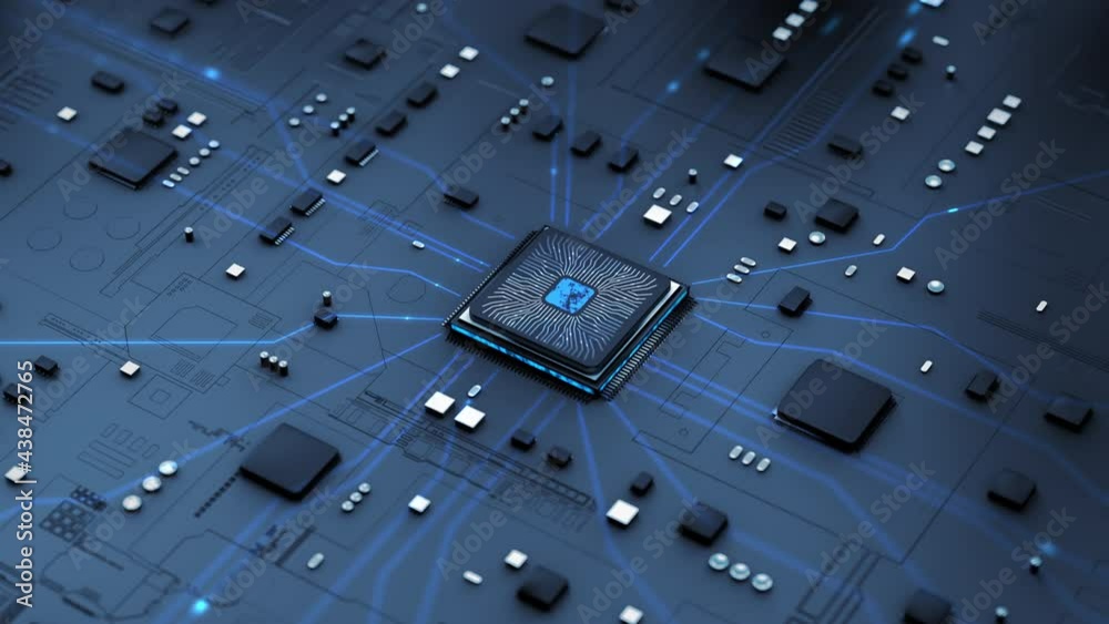 Poster 3d render animation cpu chipset central processor unit and electric print circuit board with data tr