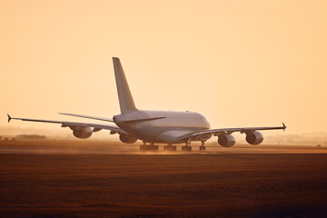 Fototapeta na wymiar Huge airplane taking off from airport runway at golden sunset.
