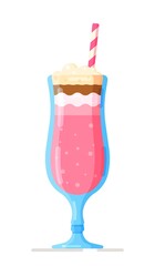 Plastic cup with lid and straw, full of strawberry milkshake. Vector illustration of a milkshake isolated on a white background. Design of a tea cup with bubbles. Colorful design of fruit milkshakes. 