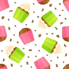 Vector illustration of a pattern of beautiful cupcakes.Cake is small in size. Delicious goodies for tea with different cups. Seamless pattern.