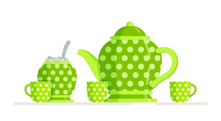 Vector illustration of a tea set. Teapot, cups and sugar bowl in white polka dots on green background. Elements for cooking. Isolated on white background.