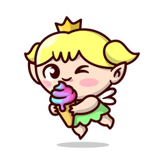 CUTE BLONDE FAIRY WITH GOLDEN CROWN IS BRINGING A COLORFUL ICE CREAM. HIGH QUALITY MASCOT DESIGN.
