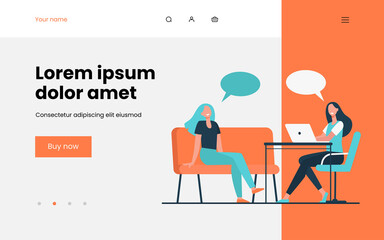 Two friends talking, sitting and using laptop. Speech bubble, chair, computer flat vector illustration. Friendship or communication concept for banner, website design or landing web page