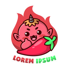 CUTE LITTLE RED JAPANESE DEVIL SMILING AND BRINGING A RED BIG CHILI. HIGH QUALITY CARTOON MASCOT DESIGN.