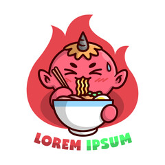 CUTE LITTLE RED JAPANESE DEVIL IS EATING HOT SPICY NOODLE. HIGH QUALITY CARTOON MASCOT DESIGN.